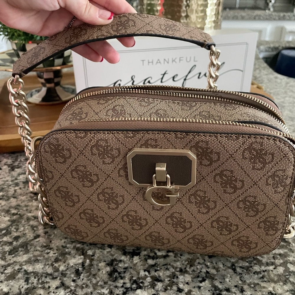 Guess Tan and Brown Crossbody Bag with Logo Pattern